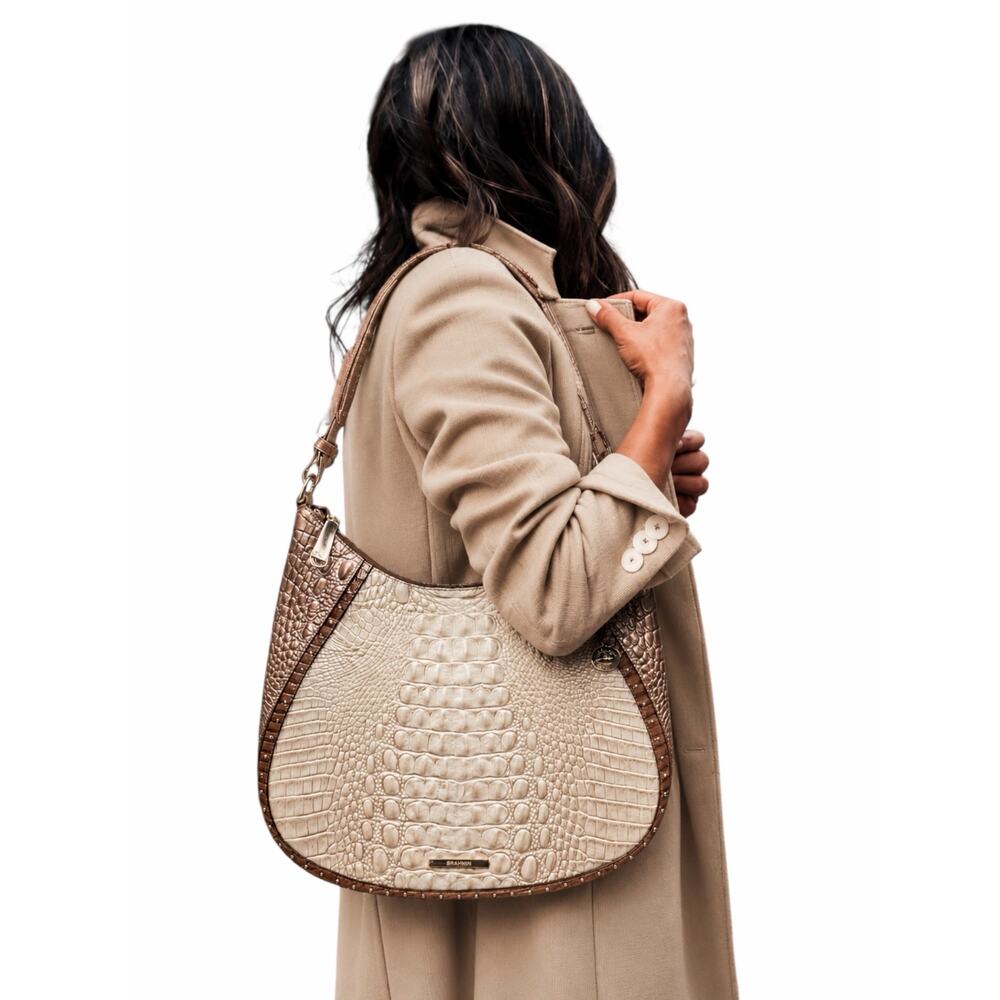 Brahmin Amira Hobo Shoulder Bag Leather Croc Embossed Champagne Koubba